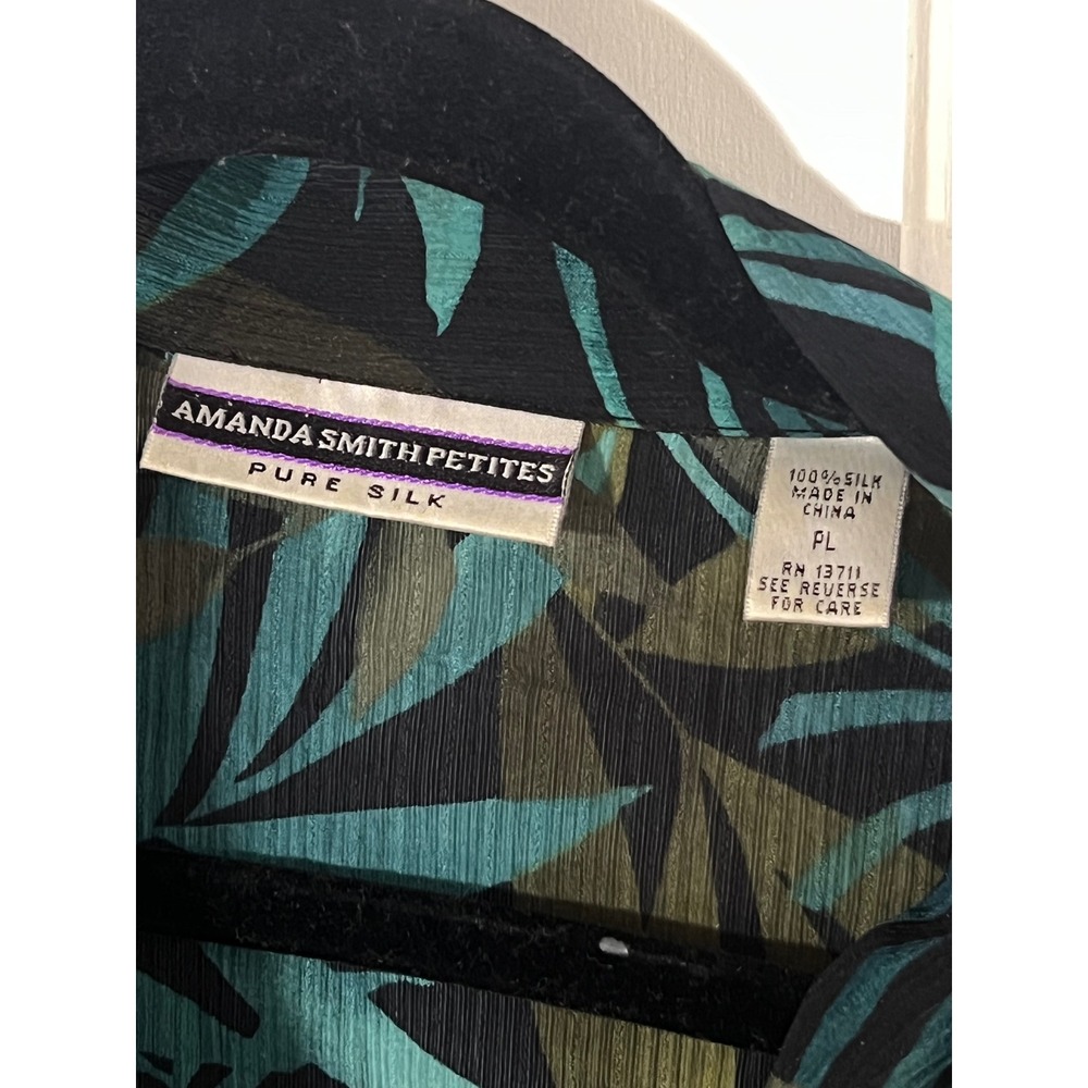 Amanda Smith Petites Silk Blouse PL Vintage Tropical Palm Print Green Black Vtg - Picture 3 of 5
